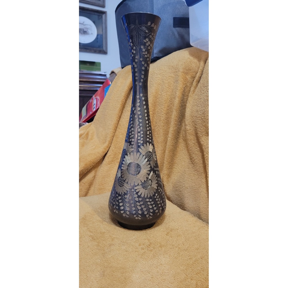Vintage Brass Vase with Etched Flowers